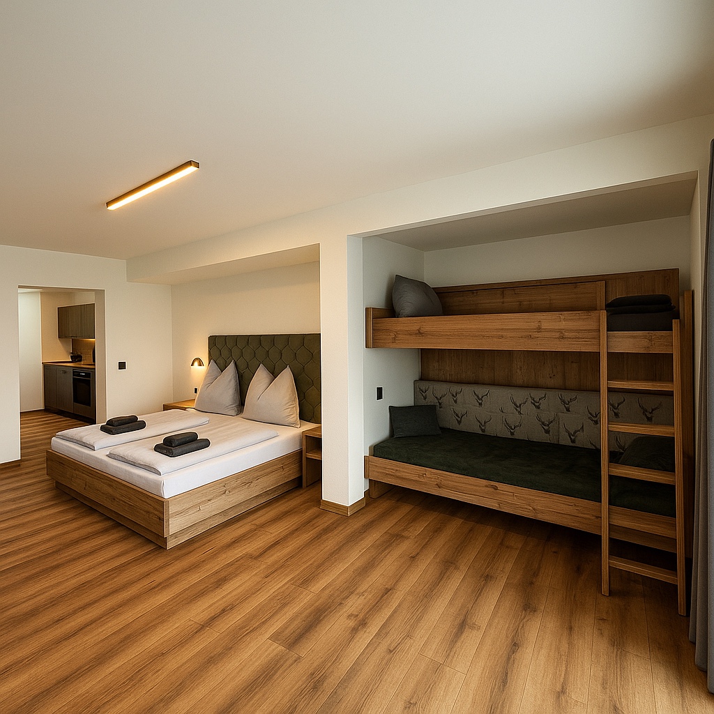 Doppelbett und Etagenbett im Alpine Apartment im Mountain Home Alpendorf