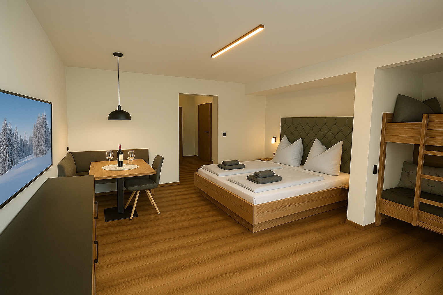 Wohn- und Schlafbereich im Alpine Apartment im Mountain Home Alpendorf